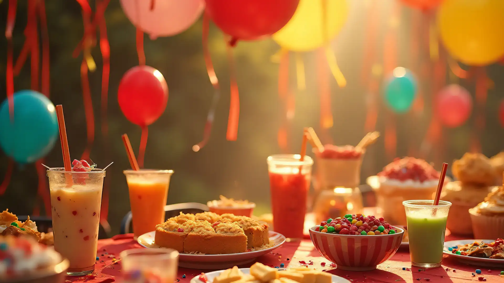 Decoración de fiesta infantil con globos y mesa temática de dulces